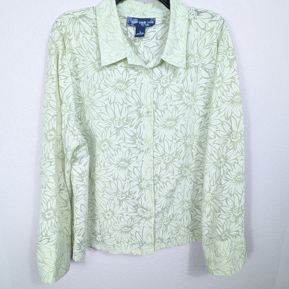 Susan‎ Graver Womens XL Sheer Floral Lime Green Button Down Shirt Top Blouse